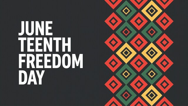 Juneteenth Freedom Day lettering sits beside a vertical column of colorful diamond shapes.