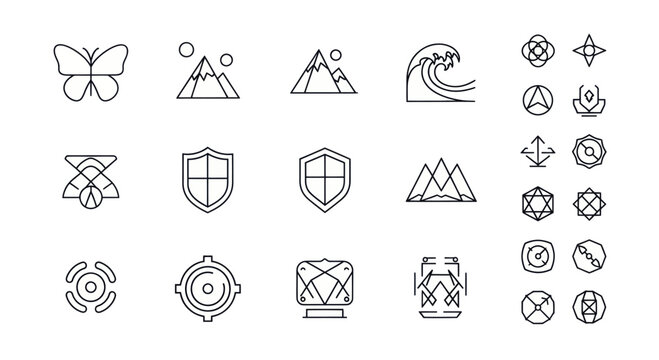 Collection of Minimalist Line Art Icons Featuring Nature, Shields, and Abstract Geometric Shapes.