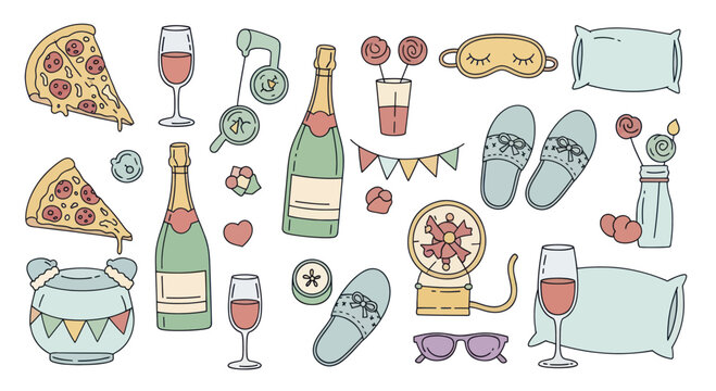 Collection of party and celebration elements with food and drinks.