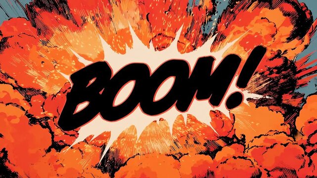 Explosive comic book style BOOM! sound effect with fiery blasts. Dynamic comic book panel featuring repeated BOOM! text amidst vibrant orange explosions and smoke effects