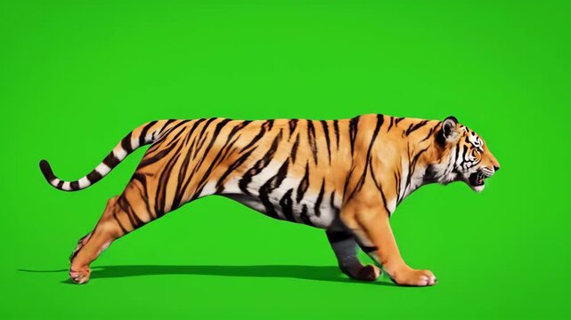 A majestic tiger runs and prowls across a vibrant green screen, ideal for compositing into various scenes.