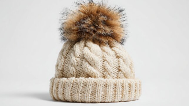 An isolated closeup of a brown fur cap and fashion hat made of natural animal fur and burlap sack material on a white background