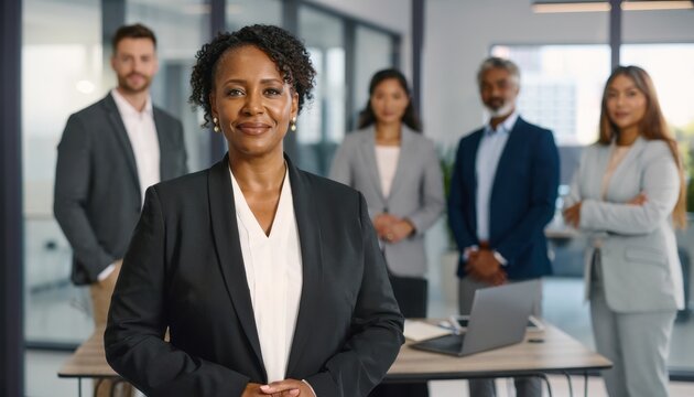 Leadership in the Modern Office: A confident leader stands at the forefront, her team united in a professional office setting, embodying expertise and teamwork.