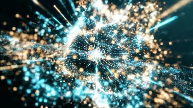 Vibrant digital light particles explosion abstract.