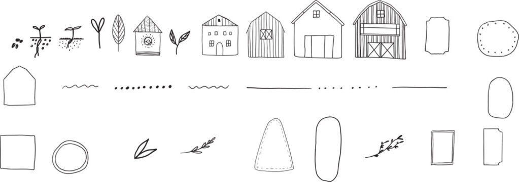 Hand drawn doodle set of farm houses and gardening elements.