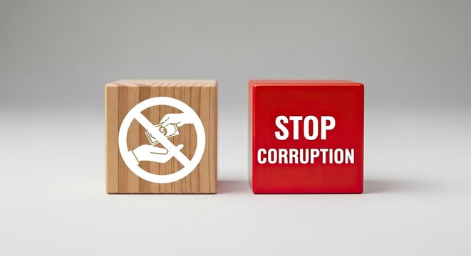 A wooden cube with a prohibition sign depicting the exchange of money is placed next to a red cube with the text 'STOP CORRUPTION' against a plain backdrop.