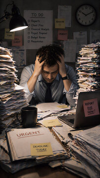 Stressed businessman overwhelmed with paperwork and deadlines in office