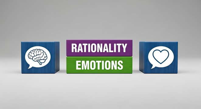 Two blue wooden cubes with brain and heart icons sit beside two stacked blocks labeled with the words rationality and emotions against a clean neutral gray studio background.