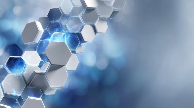 Futuristic Hexagonal Pattern with Radiant Light Effect in Blue and Silver Tones for Technology and Abstract Conceptual Designs