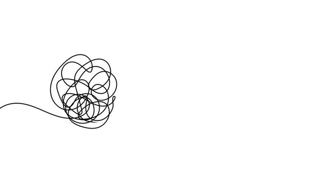 Continuous line chaos to clarity 4k video, high quality horizontal animation of abstract scribble transforming into focused spiral