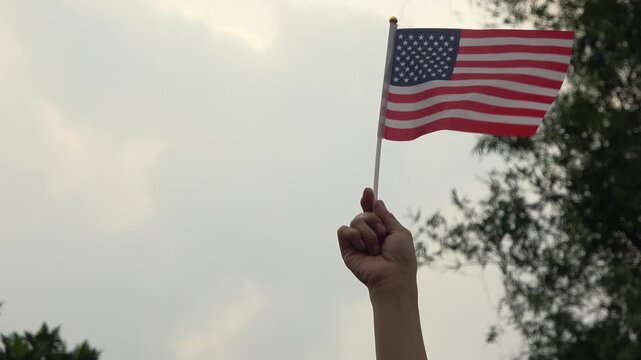 A fist holding a small United States flag high against a bright, hazy sky, representing individual liberty and protest or celebration.