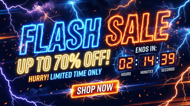 Flash Sale Countdown Banner, Up to 70% Off | Limited Time Shop Now Promotional Graphic