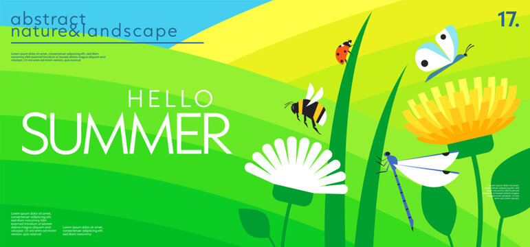Abstract landscape summer horizontal background with fields or hills, butterfly, bumblebee, dragonfly, ladybug, flowers, grass. Simple nature gradient geometric design for cover, banner, poster, flyer