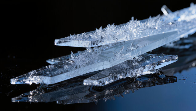 Delicate Ice Crystals on Layered Frozen Surfaces with Reflective Backdrop