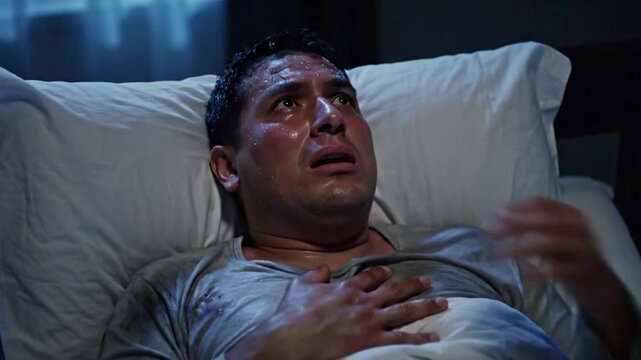 A  man in a white tank top lies in bed, sweating and gasping with his mouth open. He appears to be in intense heart distress or pain.
