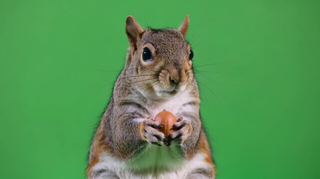 Close up of a squirrel holding a nut on a green screen background