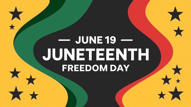 Juneteenth graphic design features wavy lines in red, black, and green colors with black stars and bold text to celebrate freedom day.