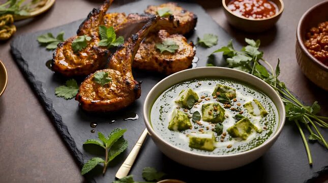 Roasted tandoori chicken and creamy palak paneer spinach curry illustrating the vibrant diversity of North Indian flavors.