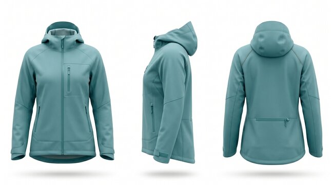 Teal hooded softshell jacket in front side and back views 3d render isolated on white background