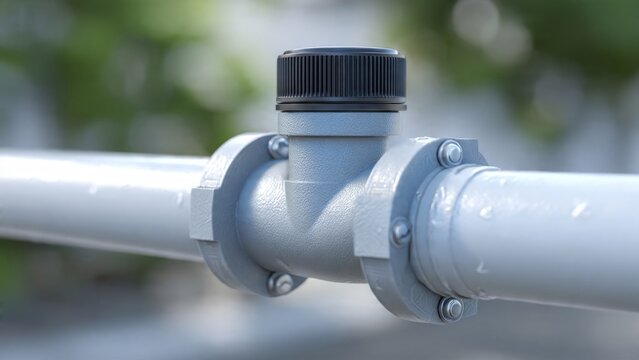 Close up of industrial grey pipe with T-joint flange and black cap