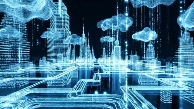 Futuristic cityscape with cloud computing technology.