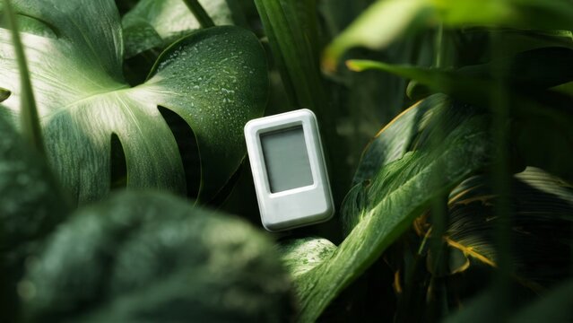 Smart sensor monitoring indoor plants in lush green environment