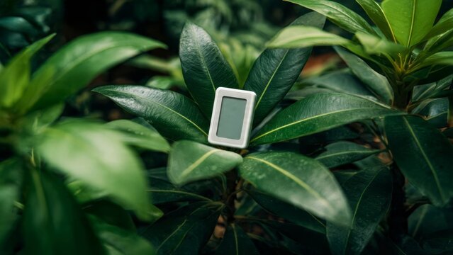 Digital sensor device among lush green tropical leaves