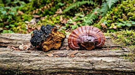 Obraz premium Wild Foraged Mushrooms on Weathered Log in Lush Green Forest Setting Foraged Mushrooms Wild Fungi Moss Covered Log
