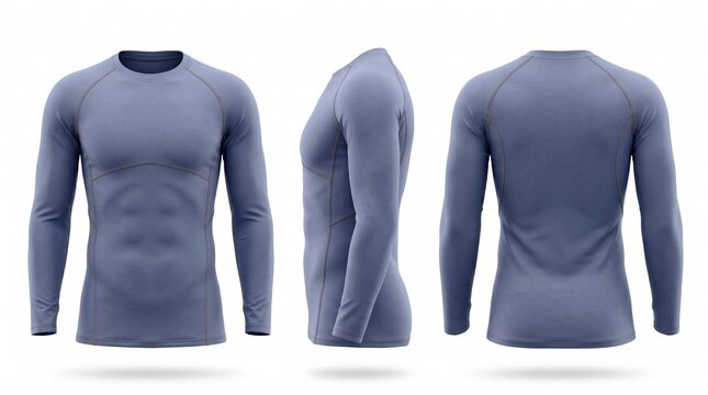 Blue long sleeve compression shirt 3D render mockup showing front side and back views isolated on white background