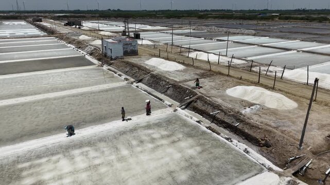 Aerial Zoom Into Workers Loading Salt From Salt Pans Coastal Production