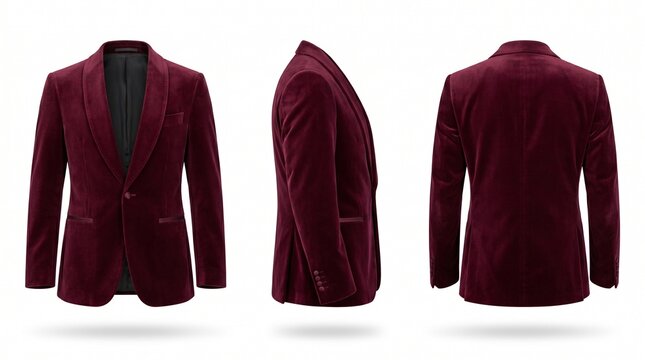 Burgundy velvet tuxedo blazer in front side and back views isolated on white background