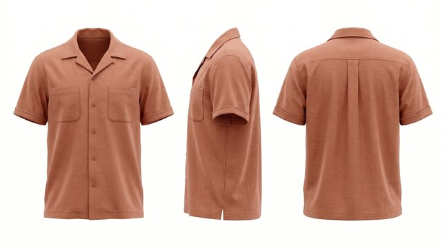 Terracotta short sleeve camp collar shirt in front side and back views 3d render mockup isolated on white background