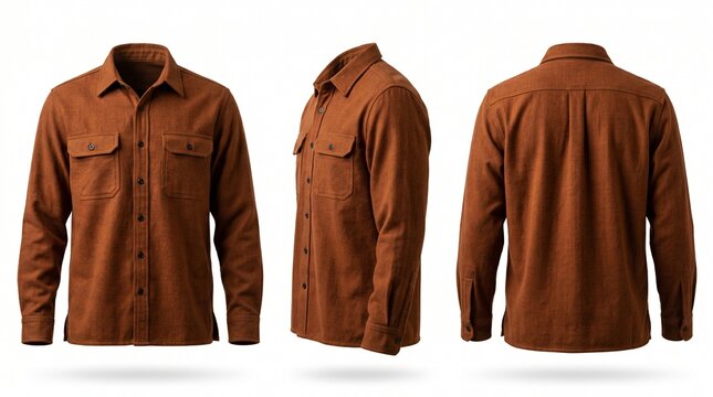 Brown long sleeve button up shirt mockup showing front side and back views isolated on white background