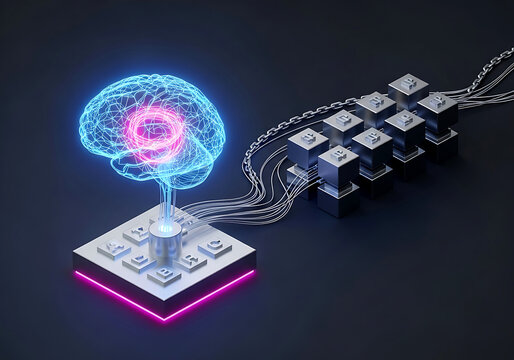 Digital human brain hologram connected to computer processors and data cables