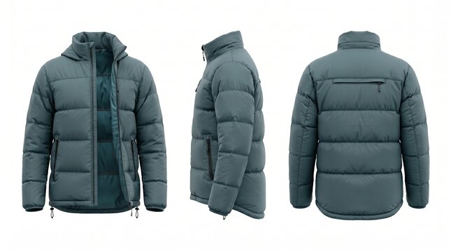 Teal winter puffer jacket mockup showing front side and back views isolated on white background