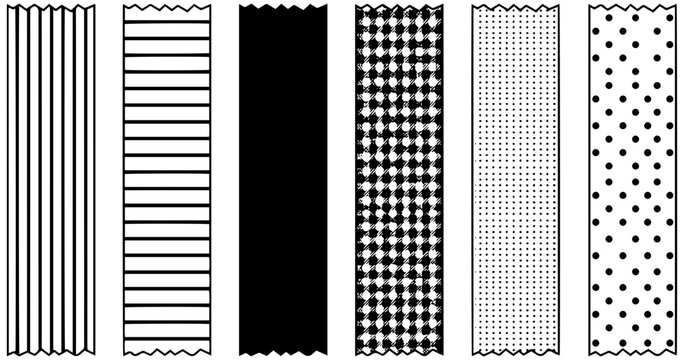 Seven distinct vertical patterned strips featuring lines dots checks and solid black sections
