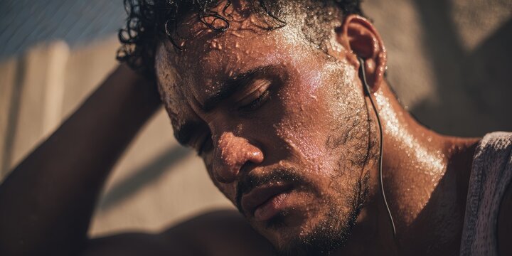Exhausted man sweating heavily during extreme urban heat