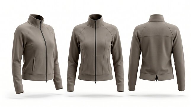 Three views of a taupe womens zip up fleece jacket ghost mannequin 3d render isolated on white background