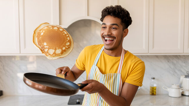 Man cooking heart shaped pancake in kitchen, love and homemade food concept, playful lifestyle, happiness and creativity, warm home scene with copy space