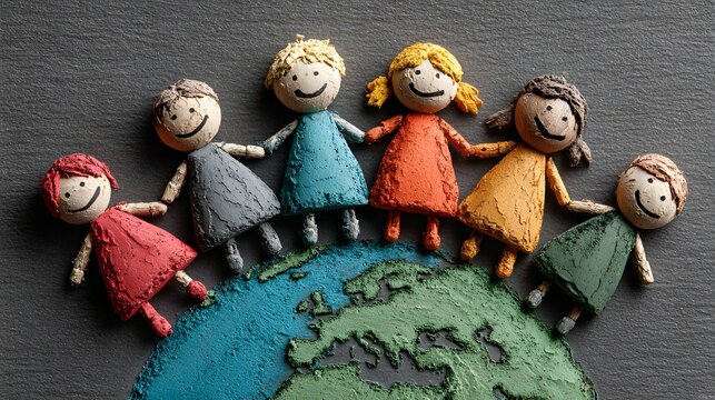 Diverse colorful clay figurines holding hands on top of the globe for global unity and peace concept
