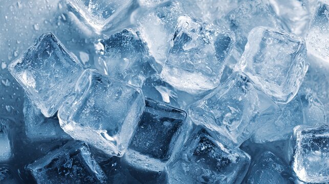 A close-up view of clear ice cubes with water droplets on a blue background