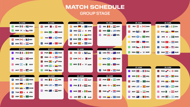 World Football 2026 Vector Illustration. International Soccer Championship Match Schedule Infographic with Group Stage Fixtures and Abstract Background