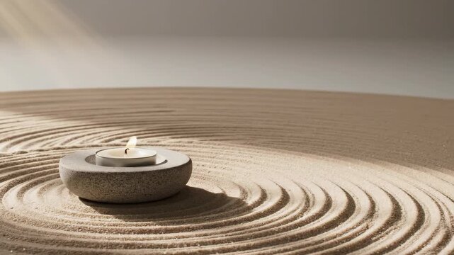 A serene candle on raked sand emits a warm glow, creating a tranquil and meditative atmosphere