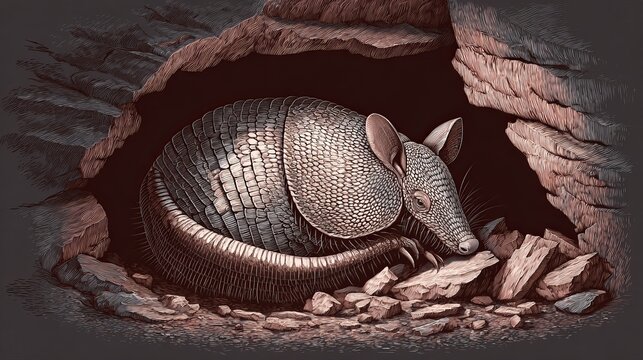 An armadillo curled up in a cozy burrow surrounded by rocks and debris