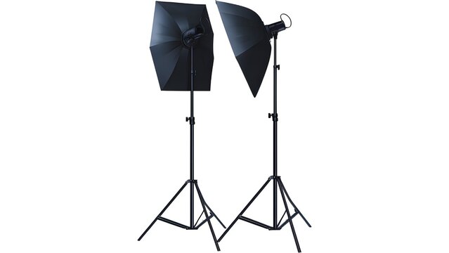 Professional studio photography equipment including a black tripod and flash strobe with a softbox lighting setup and clothes hangers isolated on a white background illustration