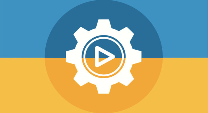 gear with play button icon on blue and yellow background