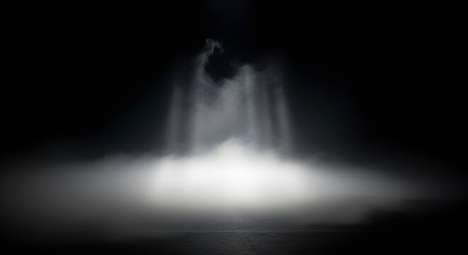 A magic water fountain glows bright blue against a dark night sky with abstract light and fog