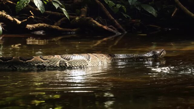 Large snake swimming gracefully in dark jungle river habitat, showing wildlife movement