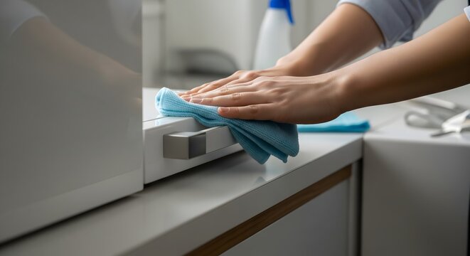 Close-up of a person's hands diligently wiping and cleaning a modern kitchen countertop with a blue microfiber cloth, ensuring a spotless and hygienic surface.