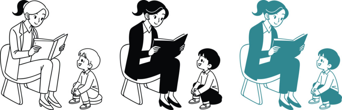 Woman teacher reading book to child student sitting on chair during educational session.